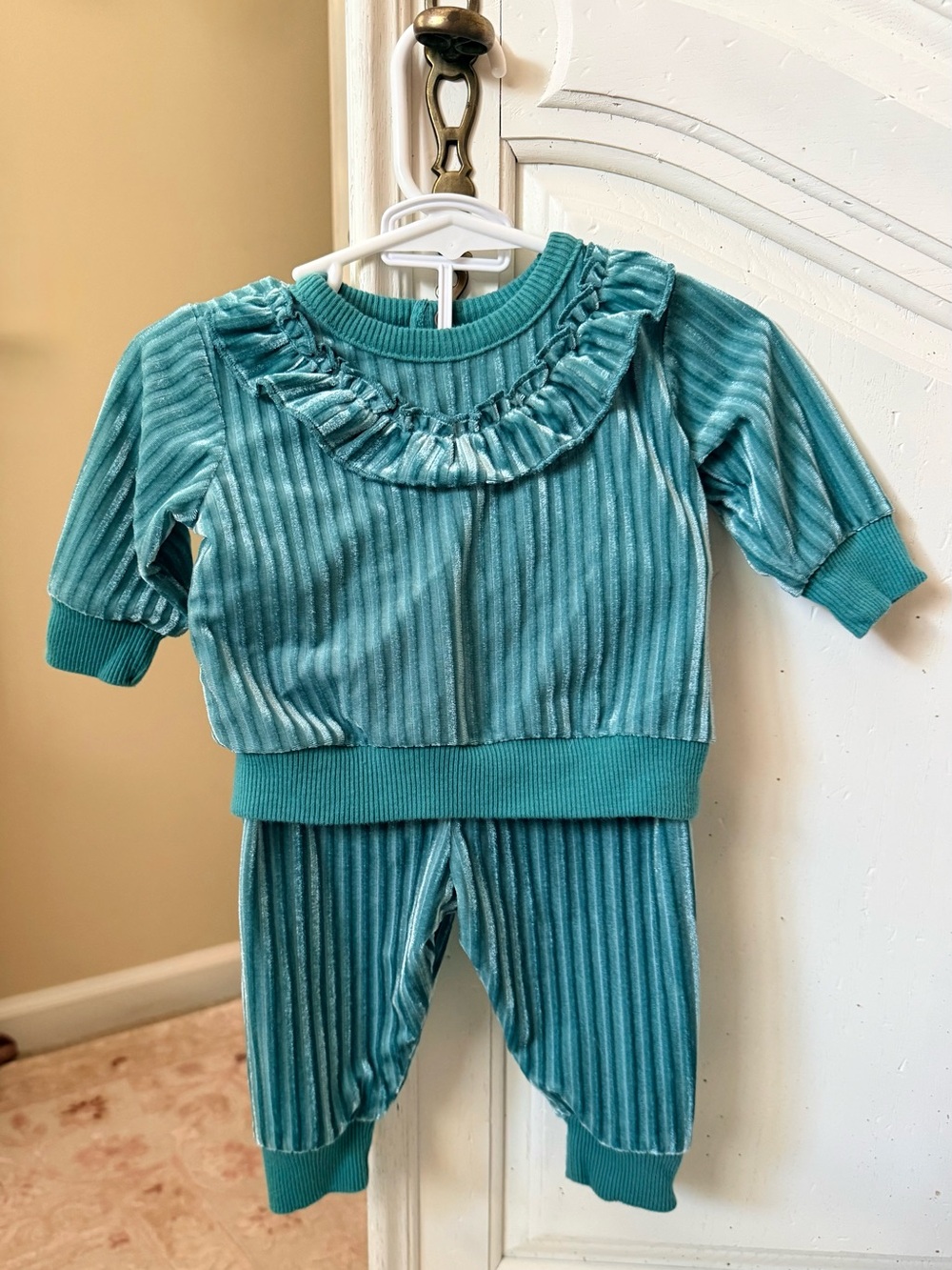 2 for $10 Girls Teal Velvet Ribbed Set with Ruffle Neck